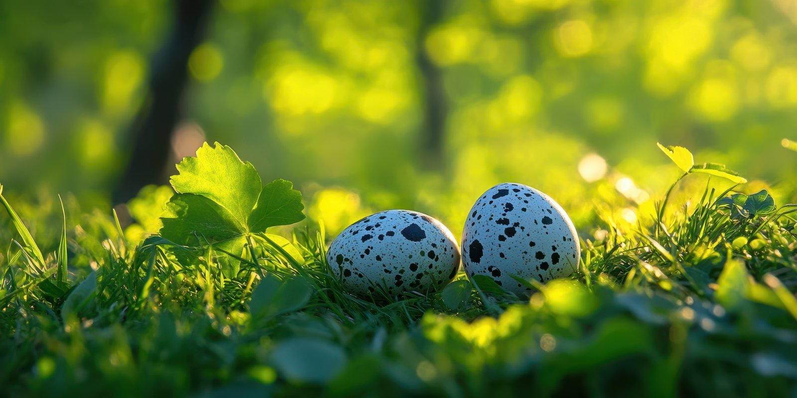 Colorful speckled eggs resting on green grass under soft sunlight in a vibrant natural setting